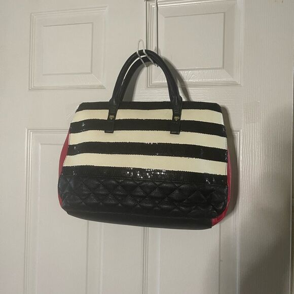 Betsey Johnson Synthetic Black sequins and White Striped satchel red accents - Picture 4 of 13